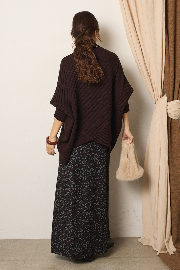 [SET]アシメデザインリブポンチョニットトップス+レオパードロングスカート(2set)