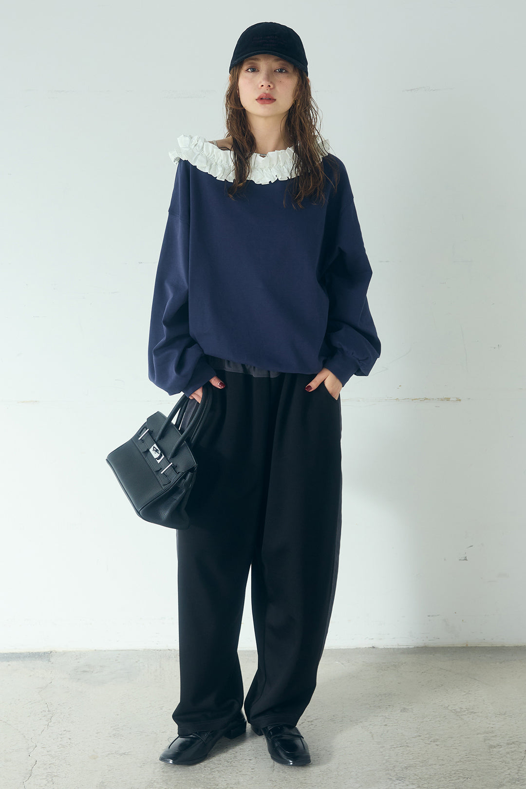 [SET]ネックギャザーフリルスウェット+異素材切り替えスウェットパンツ(2set)