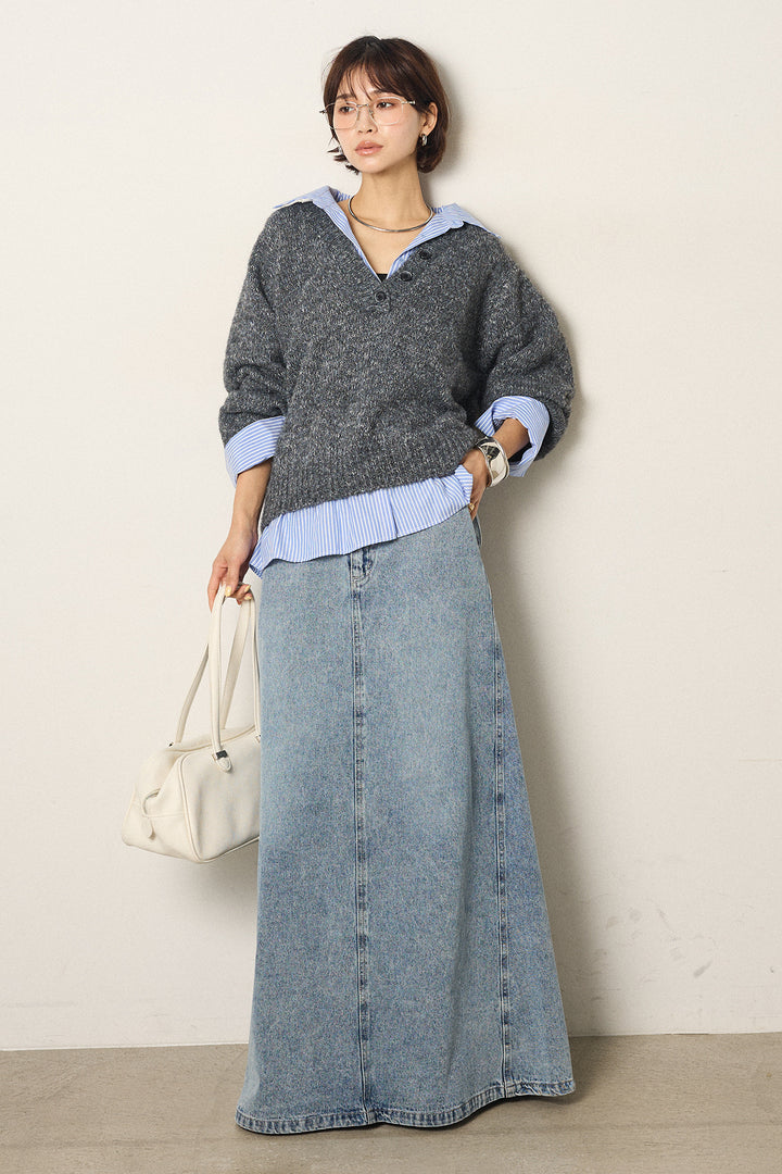 [SET]ストライプシャツドッキングニットポロトップス+デニムロングフレアスカート(2set)