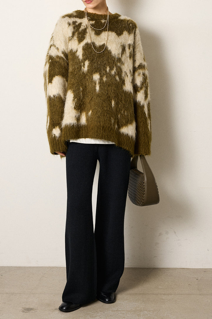 [SET]モヘアタッチマーブルニット+箔プリントBIGシルエットロングスリーブTシャツ+ワイドリブニットイージーパンツ(3set)