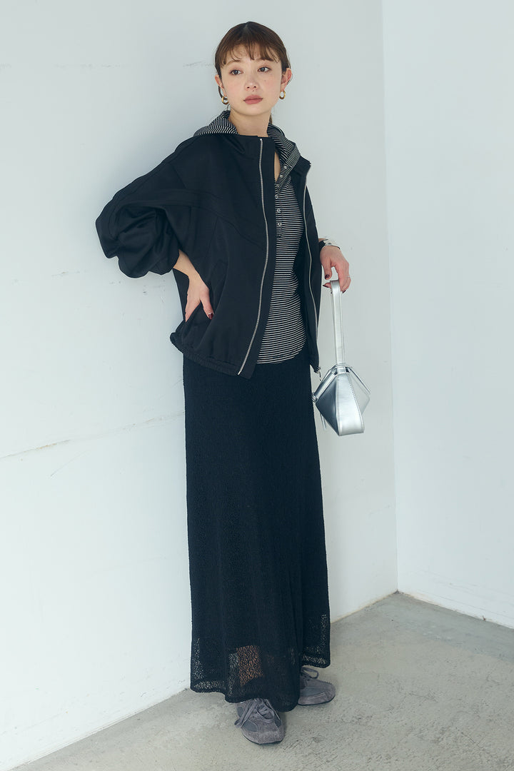 [SET]マルチ切り替えドルマンブルゾン+メッシュ刺繍ロングスカート+ボーダーフーディーロンT(3set)