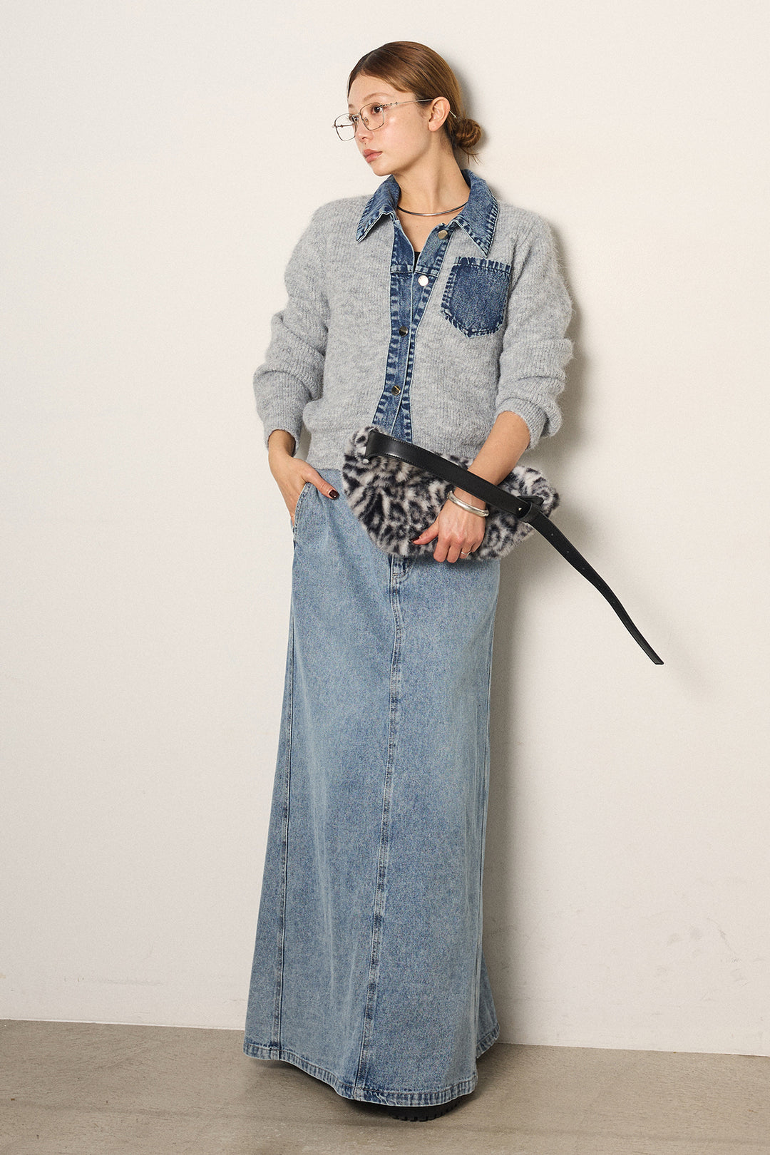 [SET]襟付きデニム切替ニットカーディガン+デニムロングフレアスカート(2set)