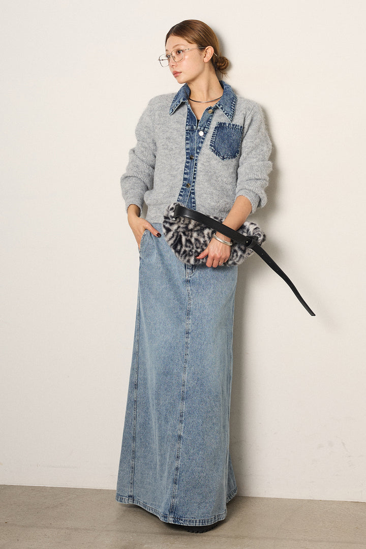 [SET]襟付きデニム切替ニットカーディガン+デニムロングフレアスカート(2set)