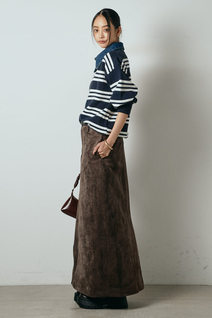 [SET]デニムレイヤード風ランダムボーダーニットプルオーバー+エコスウェードワイドスカート(2set)