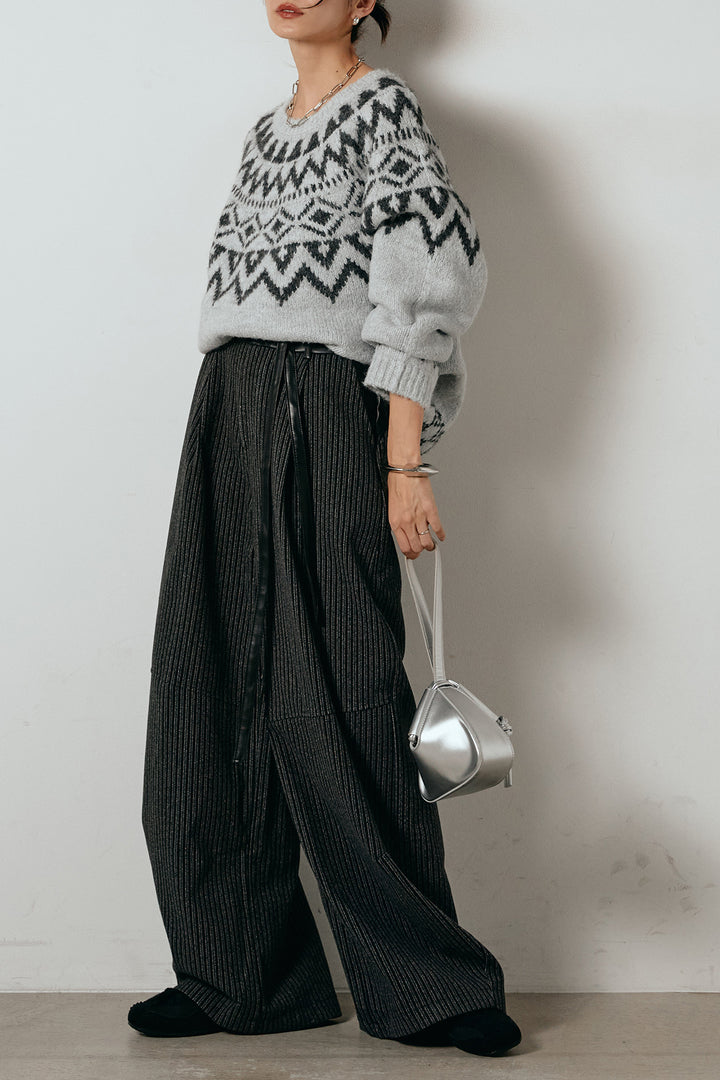 [SET]ノルディック柄Uネックプルオーバー+レザーライク配色ストライプパンツ(2set)