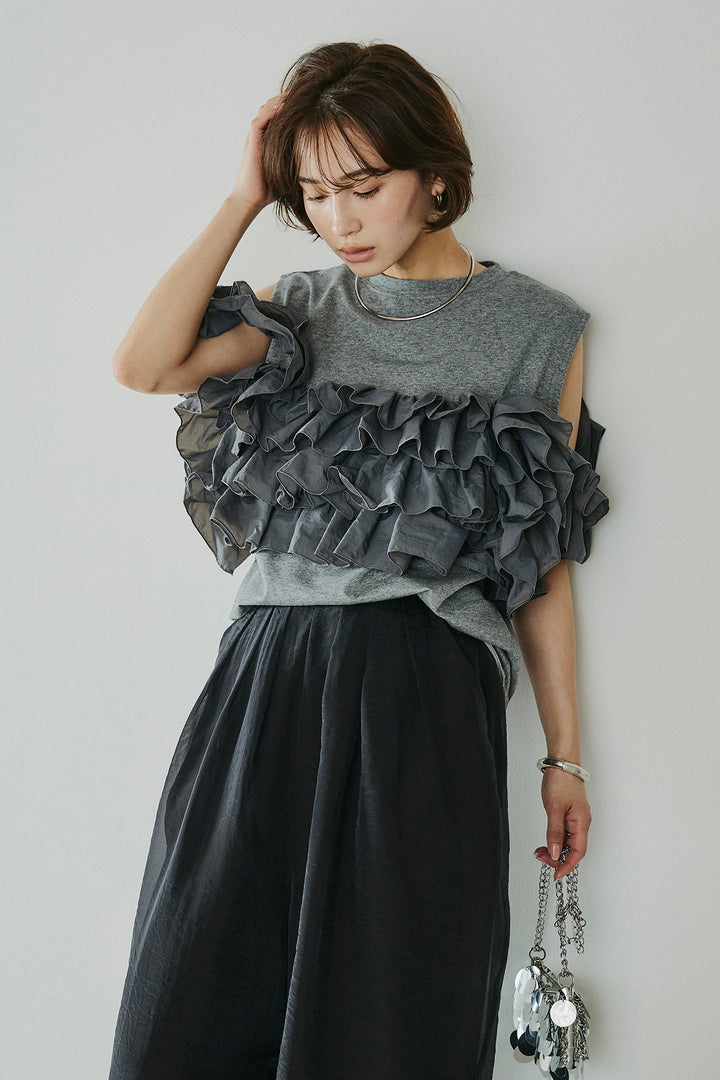 [SET]天竺ナイロンドッキングビスチェ風トップス+オーガンジータックパンツ(2set)