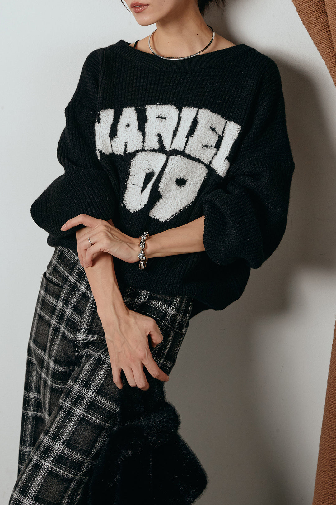 [SET]ロゴジャガードニットトップス+ルーズタータンチェックワイドパンツ(2set)