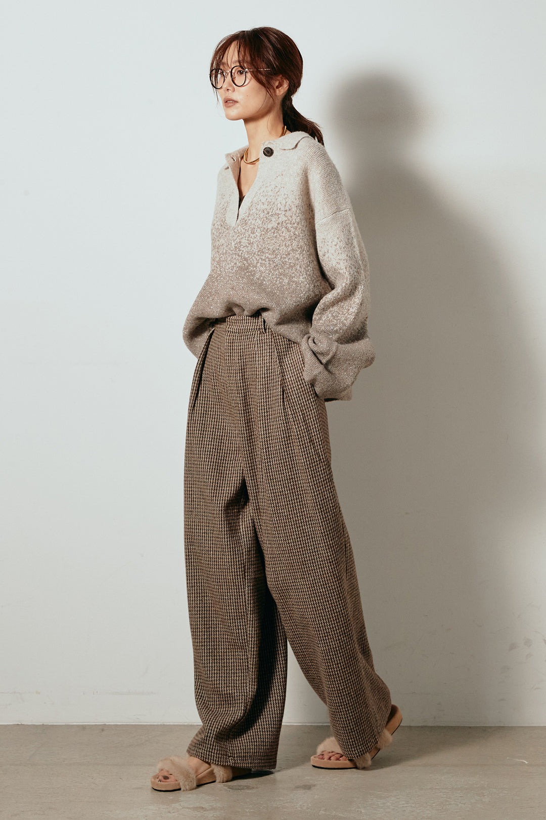 [SET]グラデーションラメニットキーネックプルオーバー+ガンクラブチェックタックパンツ(2set)