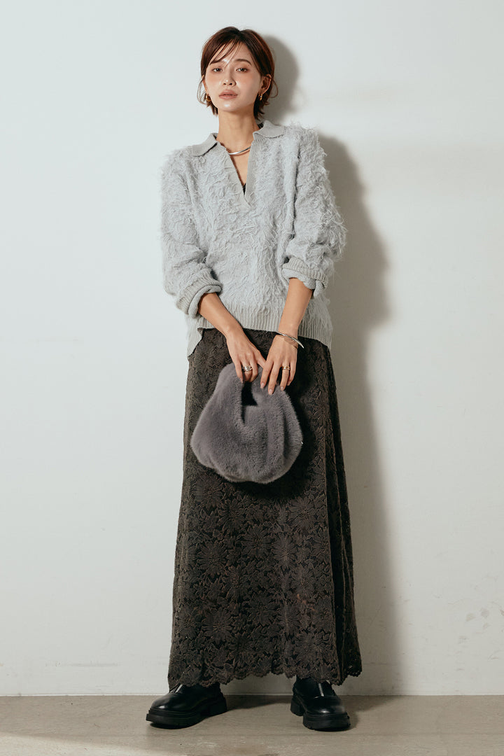 [SET]襟付きシャギーニットポロトップス+花柄刺繍ベロアフレアスカート(2set)