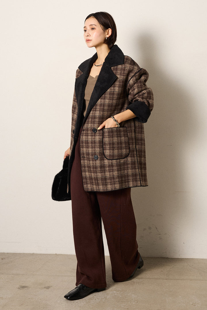 [SET]裏地ボアタータンチェック柄ミディアムコート+裏起毛スウェットワイドパンツ(2set)