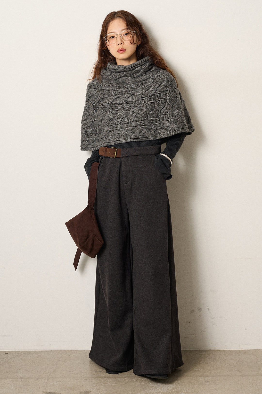 [SET]ケーブル編みケープレイヤードニット+サイドベルトパンツ(2set)