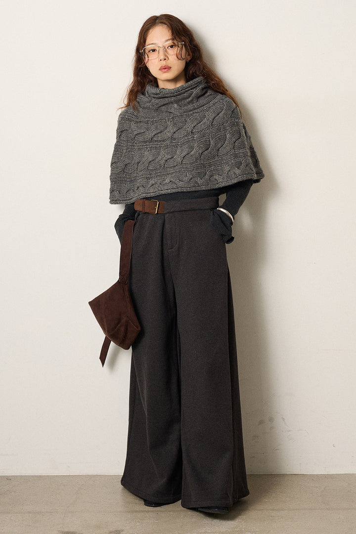 [SET]ケーブル編みケープレイヤードニット+サイドベルトパンツ(2set)