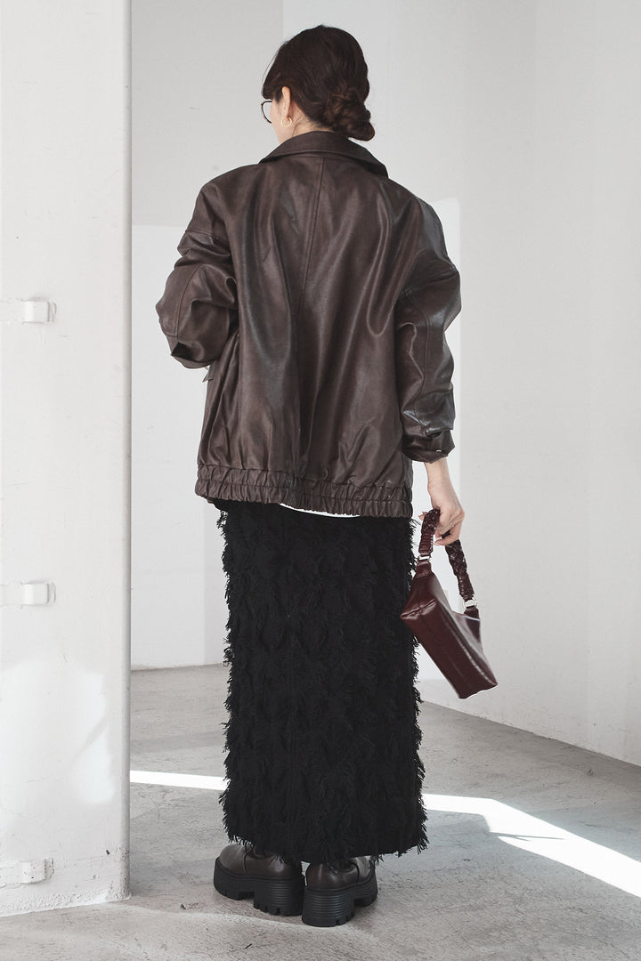 [SET]レザーライクオーバーサイズブルゾン+カットフリンジニットタイトスカート(2set)