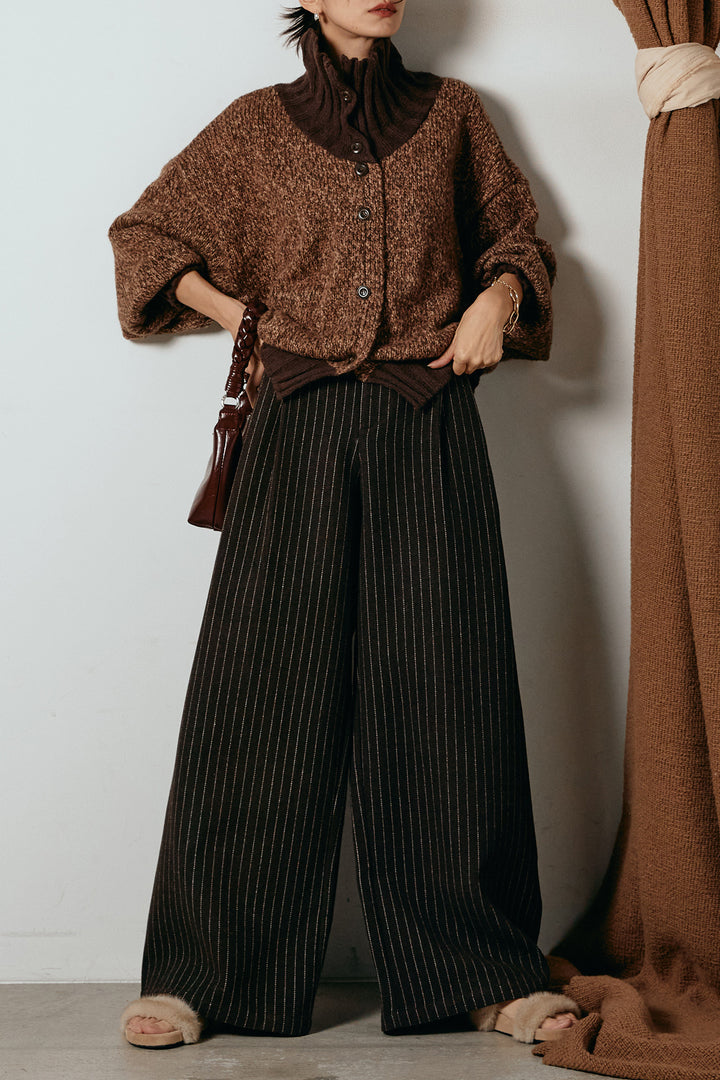 [SET]ハイネックミックスニットカーディガン+ウールライクストライプパンツ(2set)