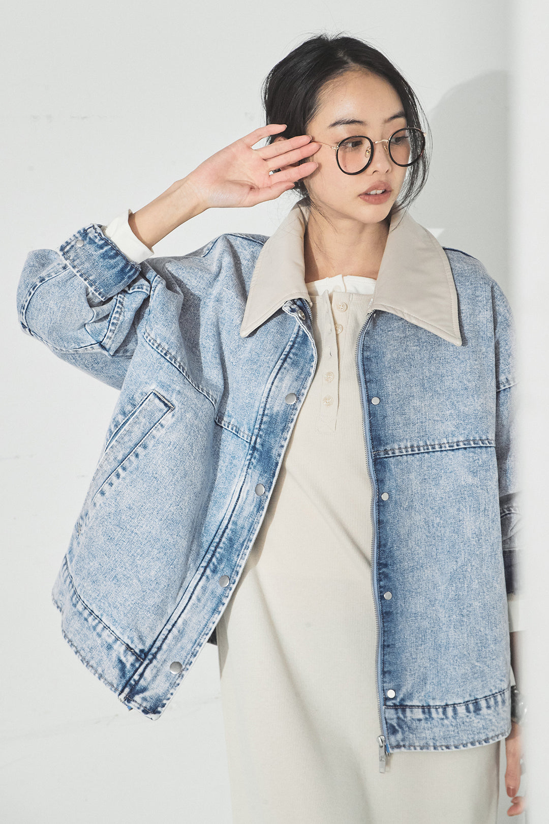 [SET]加工デニムレザー襟付きデニムブルゾン+カットリブレイヤードヘンリーネックワンピース(2set)