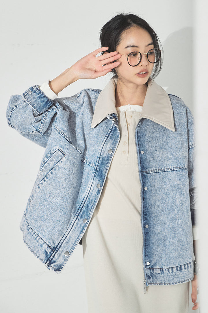 [SET]加工デニムレザー襟付きデニムブルゾン+カットリブレイヤードヘンリーネックワンピース(2set)