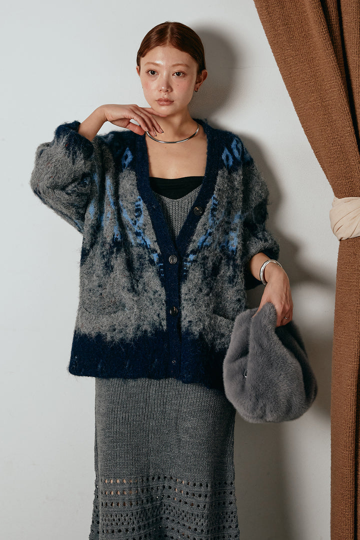 [SET]シャギーニュアンス柄ニットカーディガン+裾透かし編みキャミソールニットワンピース(2set)