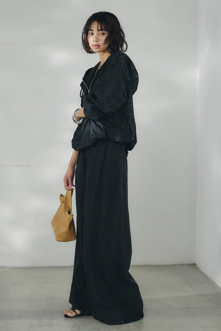 [SET]レースハーフジップアップフーディー+リネン混タックストレートワイドパンツ(2set)