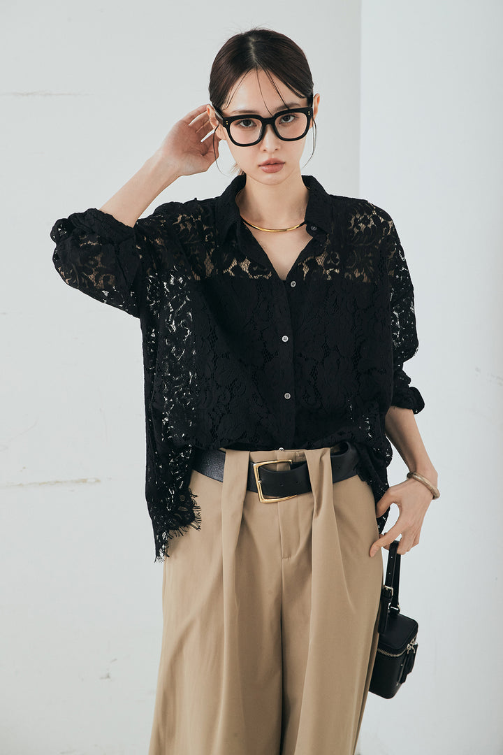 [SET]レース裾スカラップシャツ+ベルトループデザインハイウエストタックパンツ(2set)
