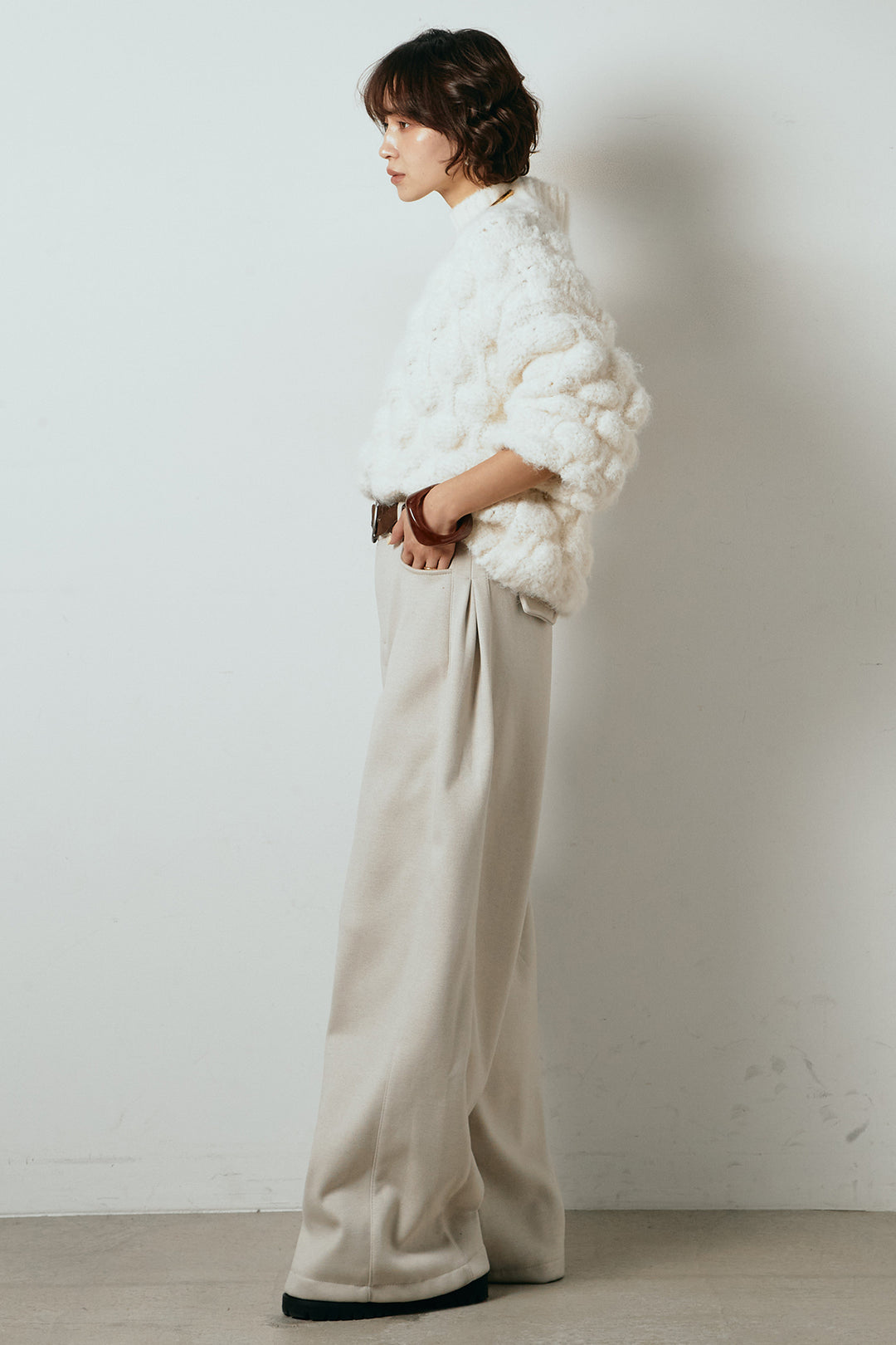 [SET]ボリュームポップコーンニットトップス+編みベルト付きワイドパンツ(2set)