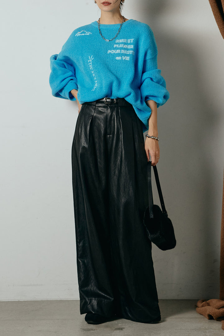 [SET]刺繍ロゴランダムデザインニットトップス+ベルト付きレザーライクタックパンツ(2set)