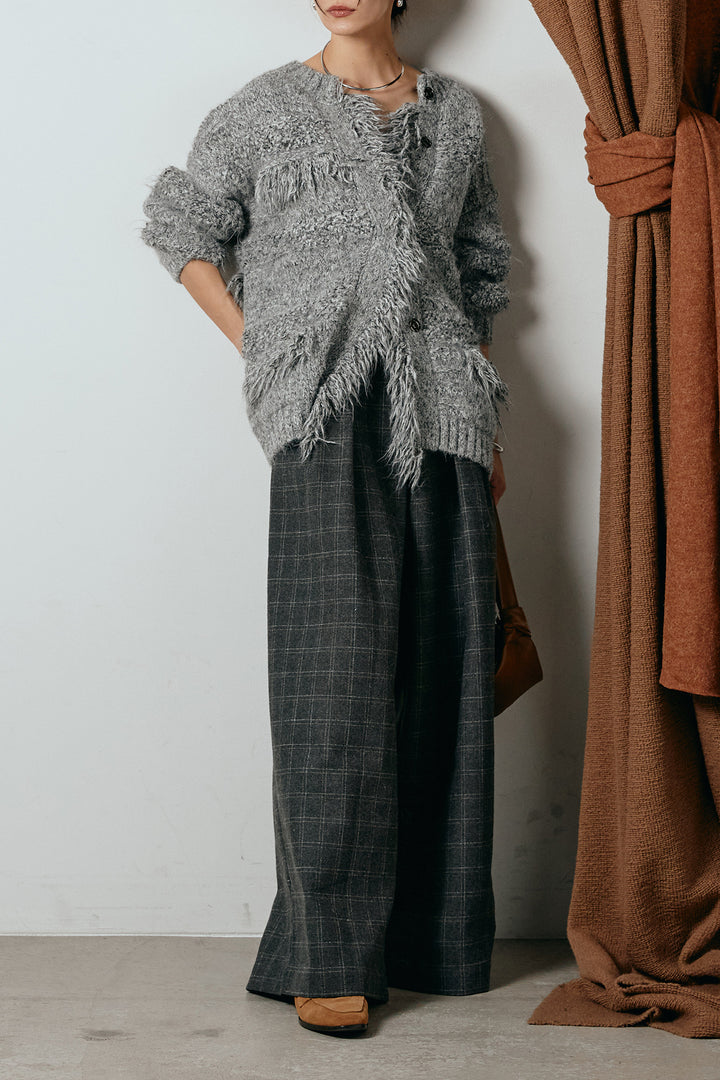 [SET]フリンジニットカーディガン+ウールライクチェックタックパンツ(2set)