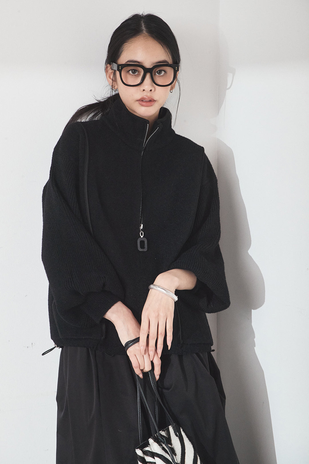 [SET]ハイネックパイピングデザインブルゾン+ランダムタックバルーンスカート(2set)