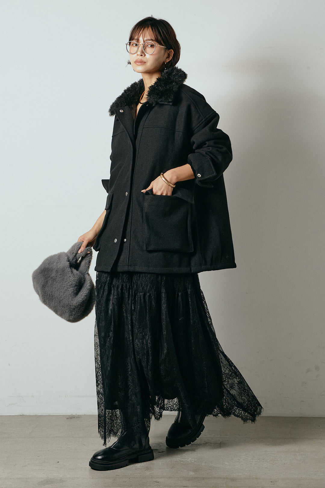[SET]エコウール衿ファー薄中綿入りミドルカバーオール+ひげレース切替ロング丈スカート(2set)