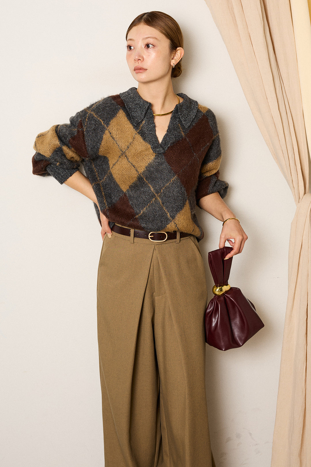 [SET]アクリルモヘアアーガイルキーネックプルオーバー+フロントワイドタックネップ入ワイドパンツ(2set)