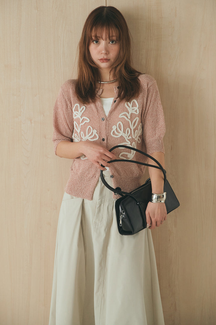 [SET]フロントテープデザイン半袖カーディガン+ミリタリーツイルタックフレアスカート(2set)