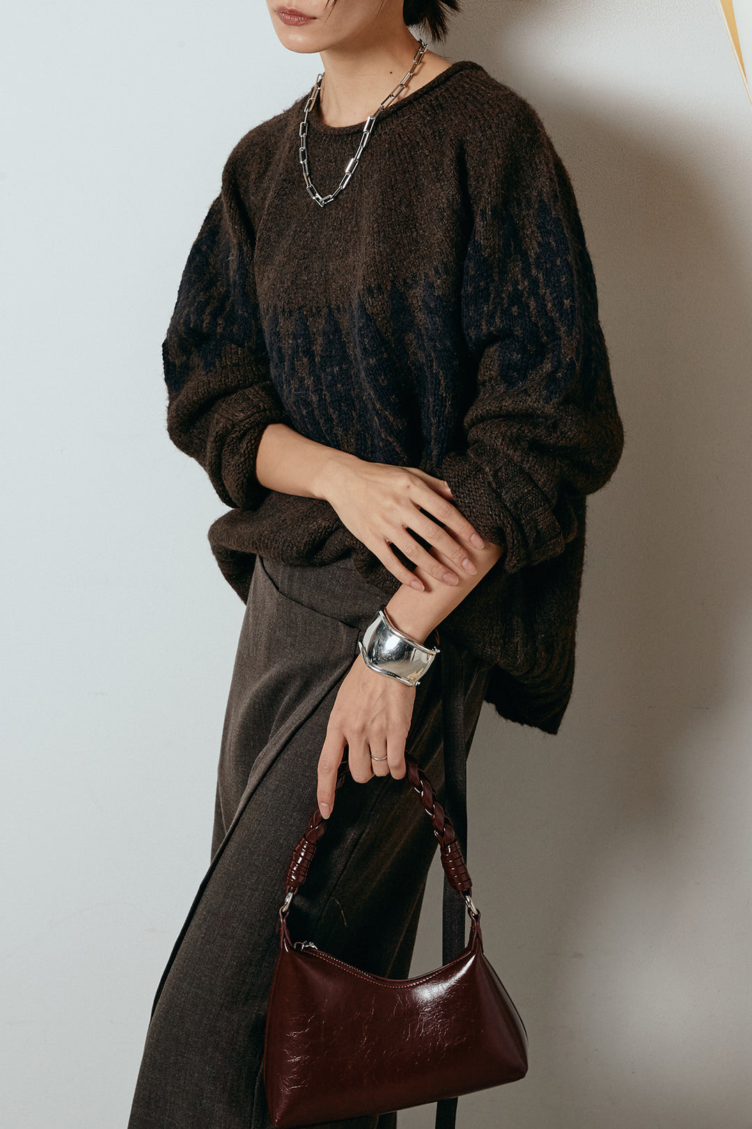 [SET]モノトーン柄ニットトップス+ラップ巻きワイドスラックス(2set)