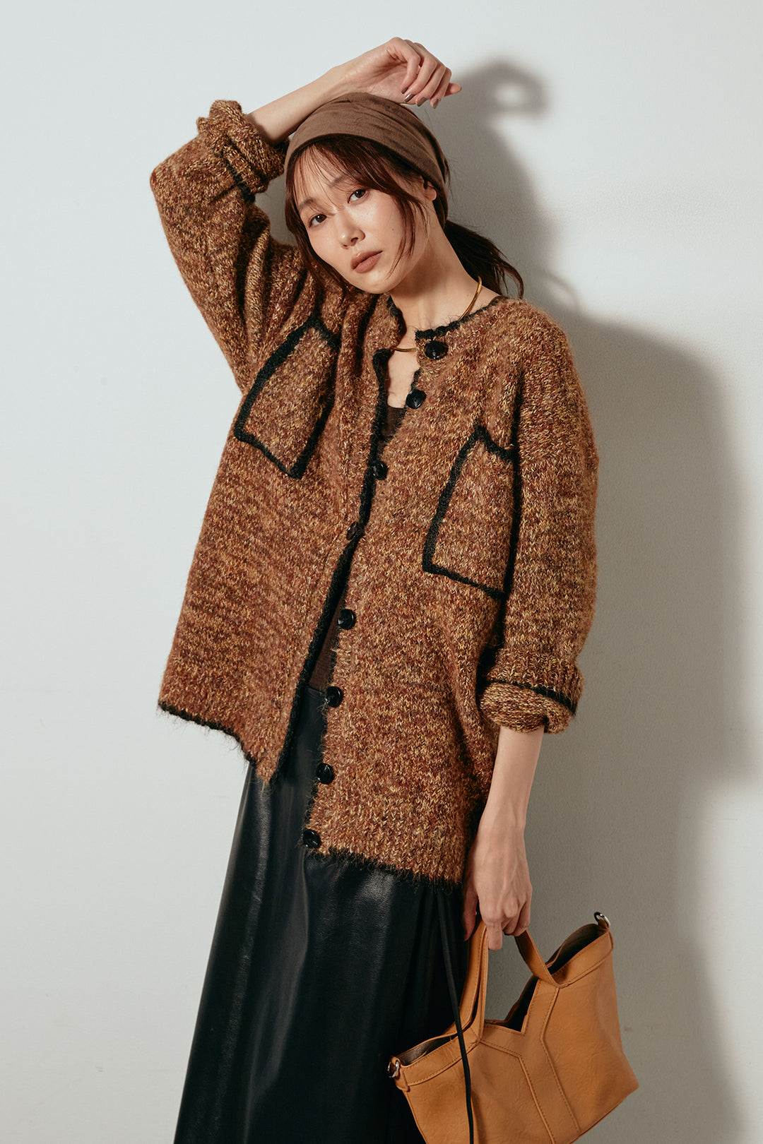 [SET]ミックスニットポケットカーディガン+紐付きフェイクレザーワイドスカート(2set)