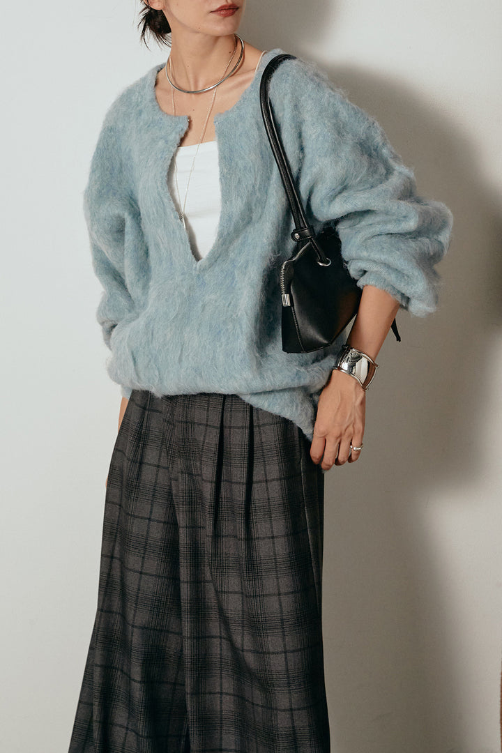[SET]ミックスシャギー深Vニット+タック入りタータンチェックワイドパンツ(2set)