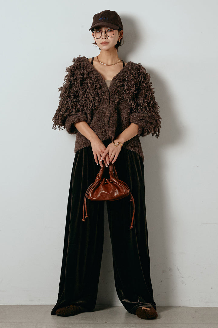 [SET]ループ編みVネックニットカーディガン+ベロアサスペンダー付きパンツ(2set)