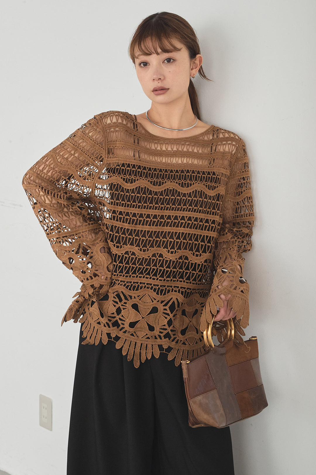 [SET]裾デザインメッシュプルオーバー+ベルト付きツータックワイドパンツ(2set)