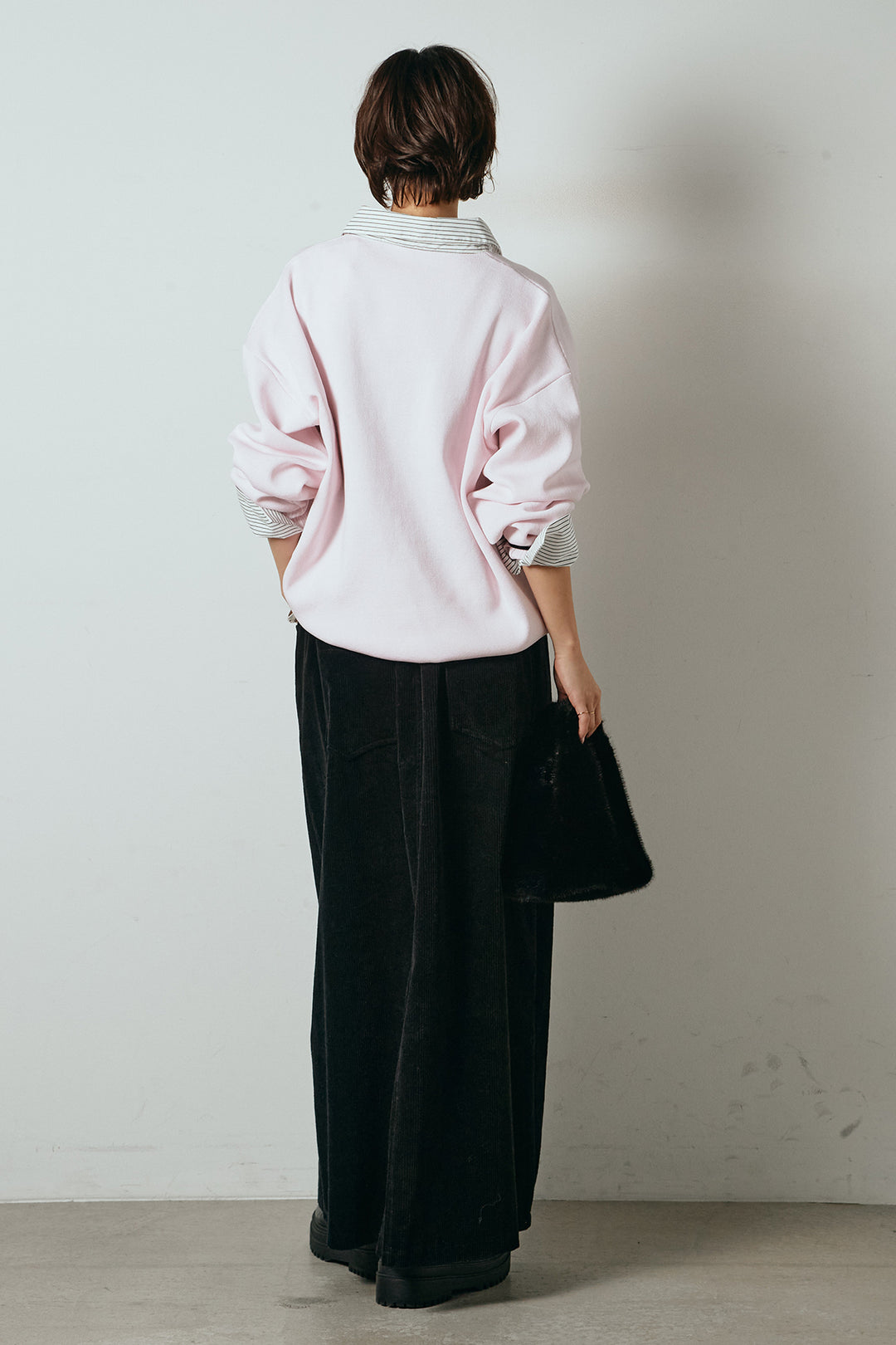 [SET]ストライプシャツドッキングポロトップス+ポーチベルト付きコーデュロイワイドスカート(2set)