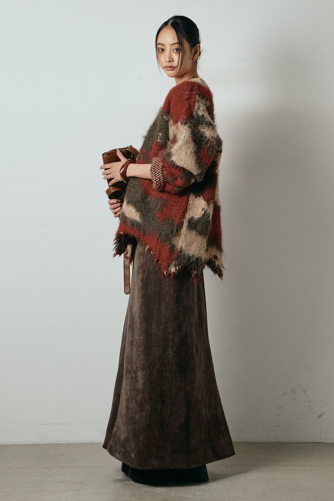 [SET]起毛裾デザインニュアンス柄ニットトップス+エコスウェードワイドスカート(2set)