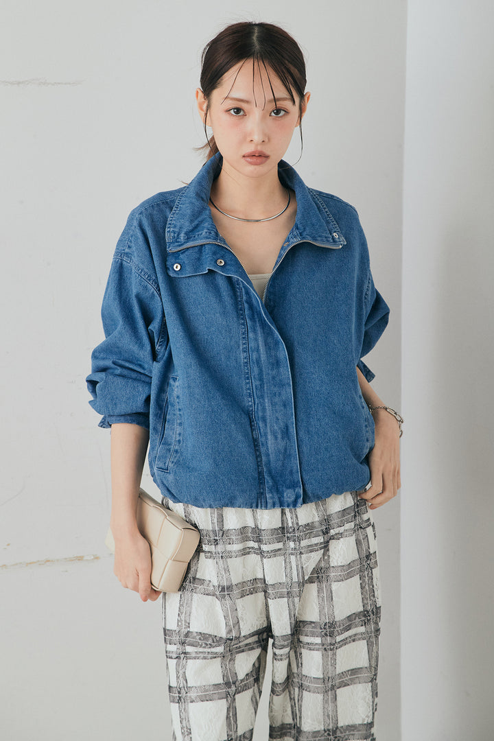 [SET]スタンドカラーデニムブルゾンジャケット+レースチェックワイドイージーパンツ(2set)