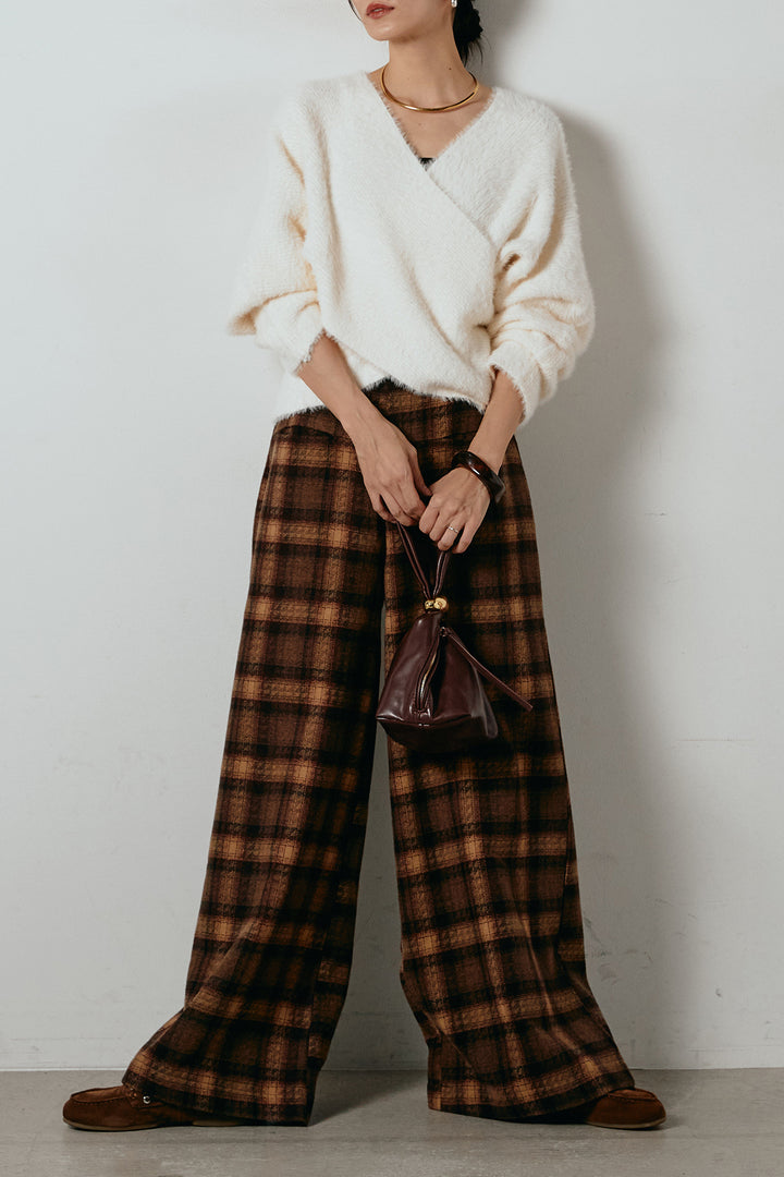[SET]シャギーカシュクールニットトップス+ルーズタータンチェックワイドパンツ(2set)
