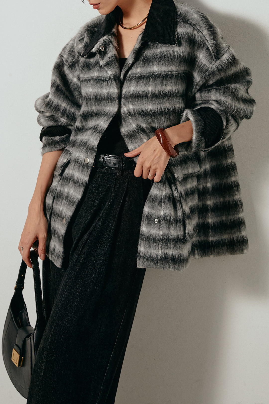 [SET]チェックシャギーミドルカバーオール+フェイクレザーベルト付きスウェードライクワイドパンツ(2set)