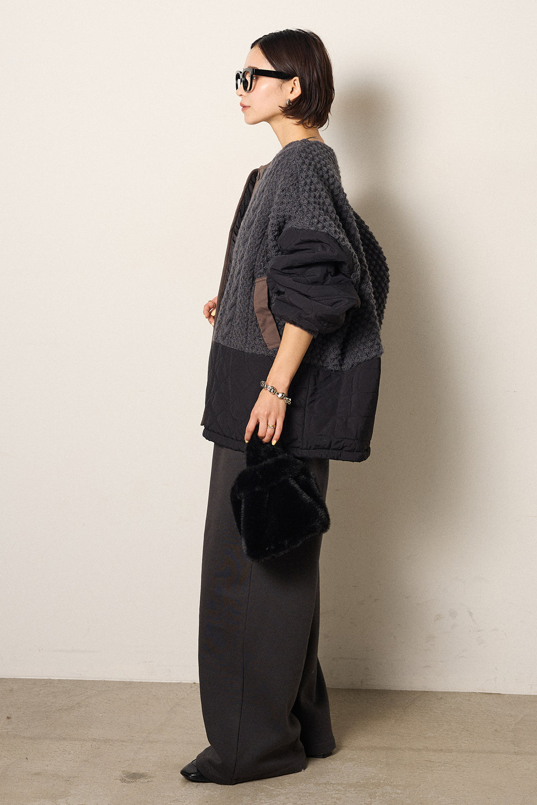 [SET]アラン編みニットノーカラー裾キルティングブルゾン+裏起毛スウェットワイドパンツ(2set)
