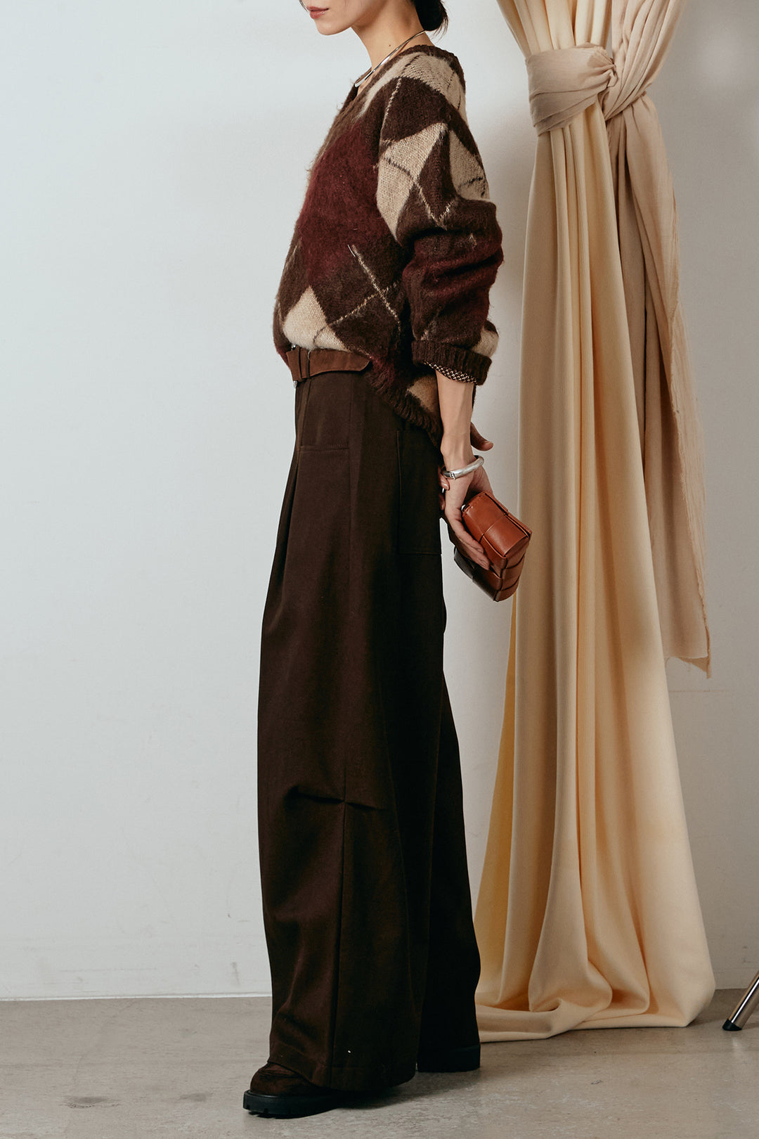 [SET]アクリルモヘアアーガイルVネックプルオーバー+太ベルト付きタックデザインワイドパンツ(2set)