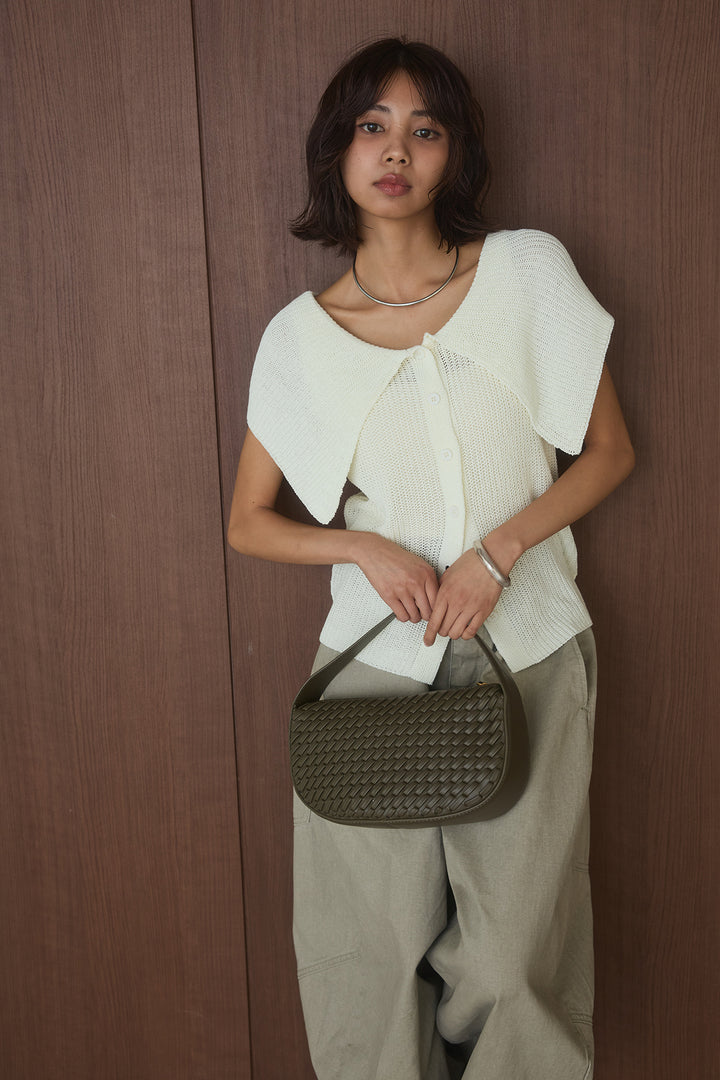 [SET]ビッグカラーボタンニットトップス+ベルト付きカラーデニムパンツ(2set)