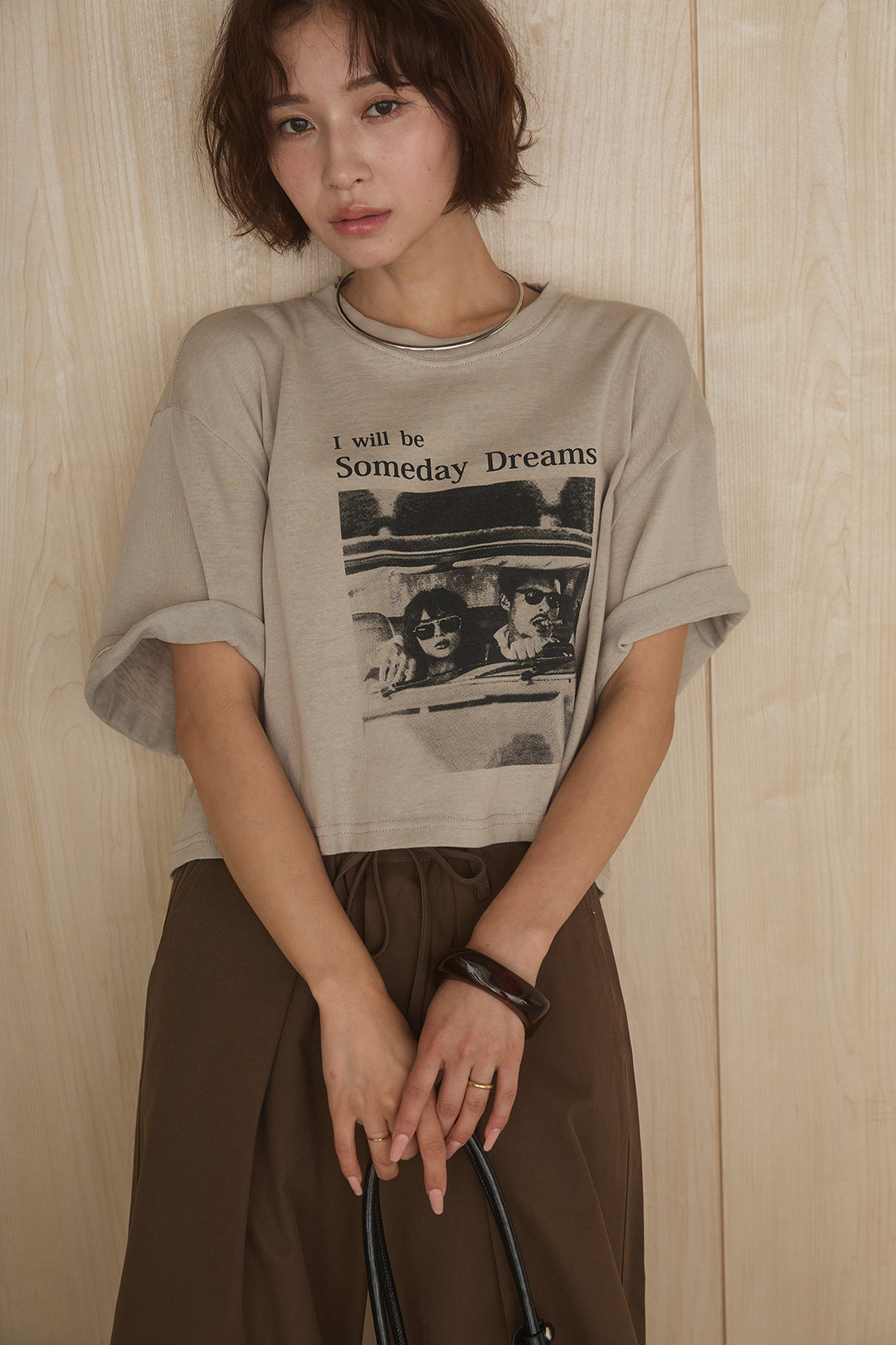 [SET]グラフィックサムデイワイドクロップドT+ニーサイドタックウエストドロストパンツ(2set)