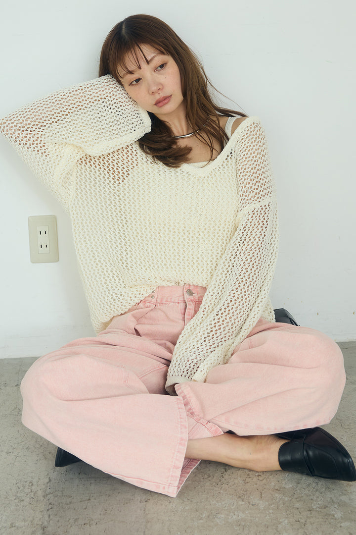 [SET]メッシュ編みビスチェセットVネックプルオーバー+カラーデニムタックカーブパンツ(2set)