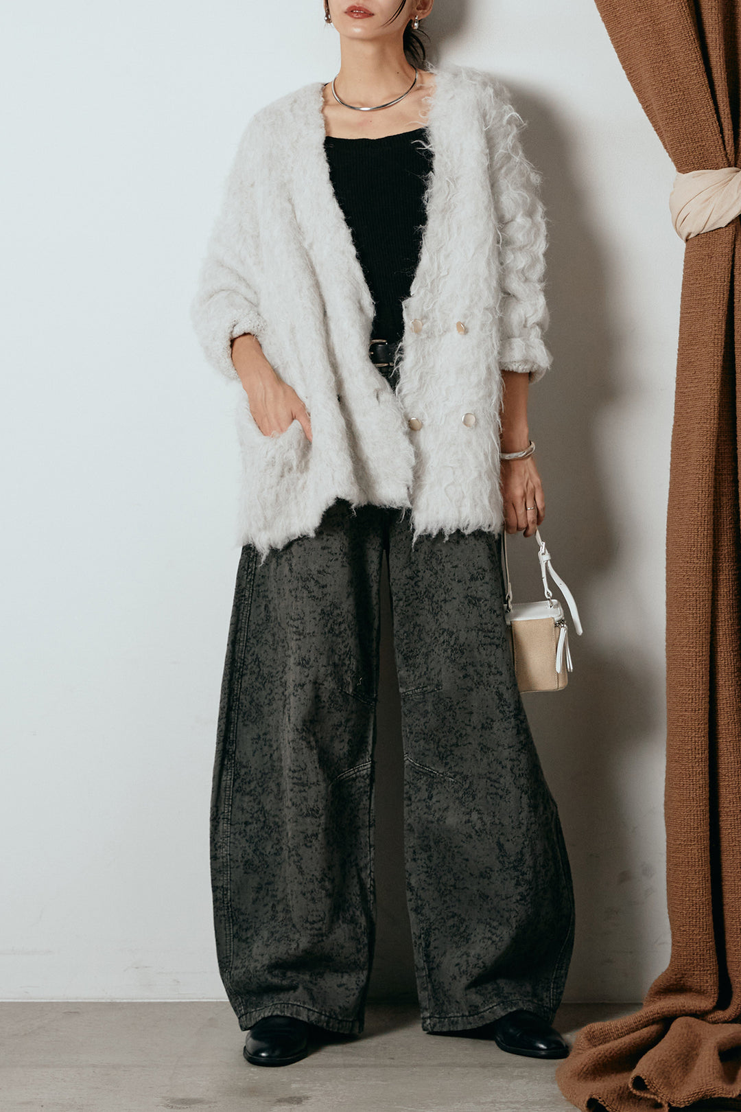 [SET]ウェーブシャギーニットジャケット+ベルト付きニュアンス柄カーブワイドパンツ(2set)