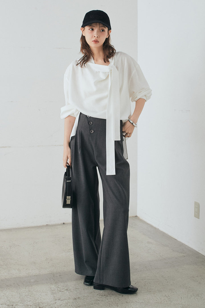 [SET]ニュアンスボータイブラウス+斜めボタンタック入りスラックス(2set)