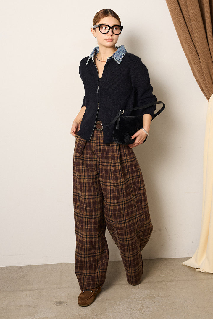 [SET]デニム襟ダブルジップニットトップス+スタッズデザインベルトタータンチェックパンツ(2set)