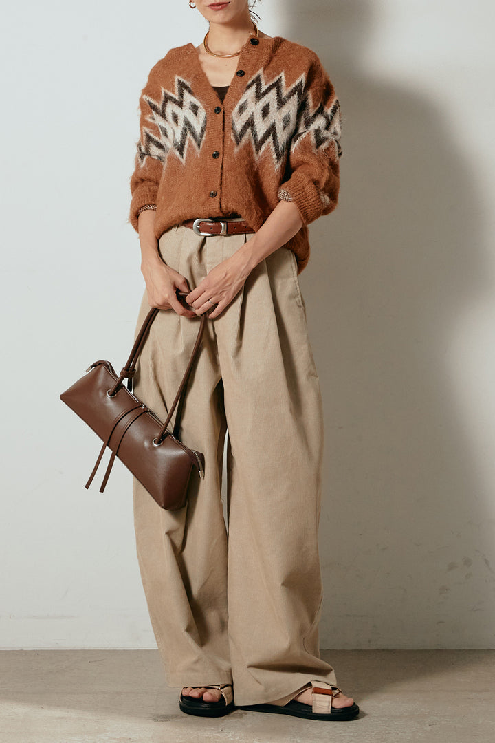 [SET]起毛ノルディック柄ニットカーディガン+フロントタック入りコーデュロイパンツ(2set)