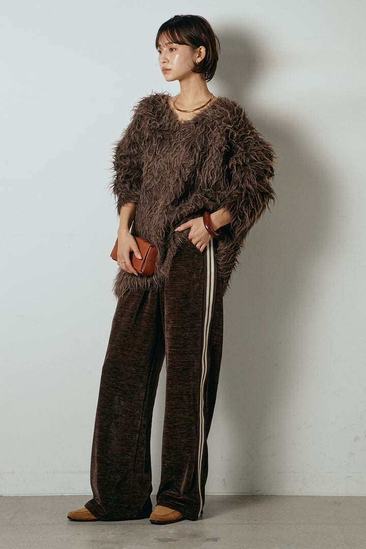 [SET]深Vネックシャギーニットトップス+リラックスサイドラインベロアワイドパンツ(2set)